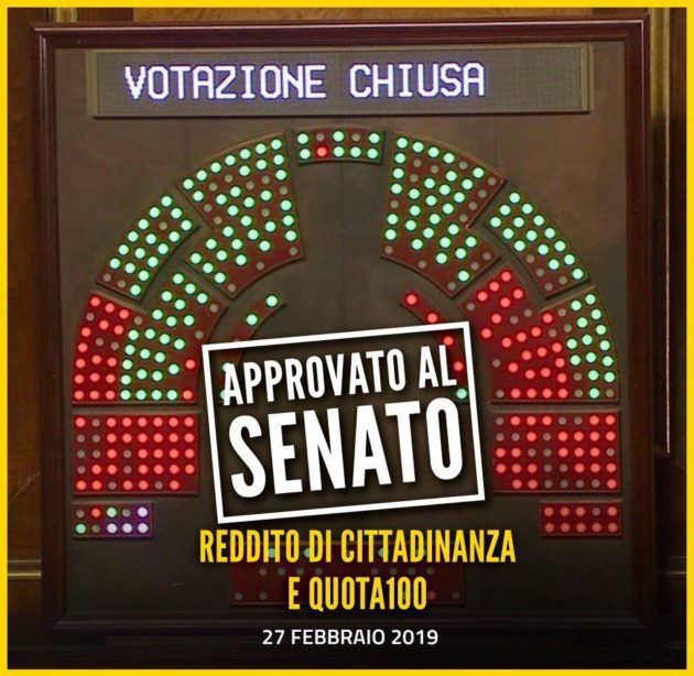 Immagine approvazione Senato Reddito Cittadinanza e Quota 100